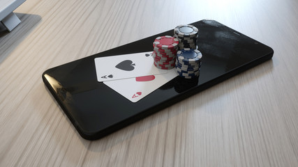 Poker Chips And Aces On The Smartphone - Online Gambling Concept - 3D Illustration