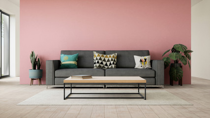 vue 3d salon avec canapé gris et mur rose