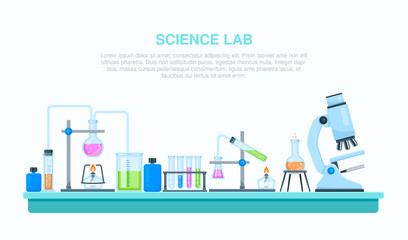 Chemistry lab and science equipment theme. Test glass flask with solution in laboratory.
