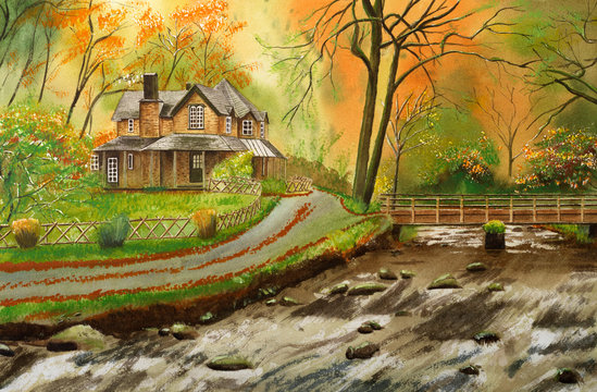 Beautiful nature scene with cottage in the forest near a stream.