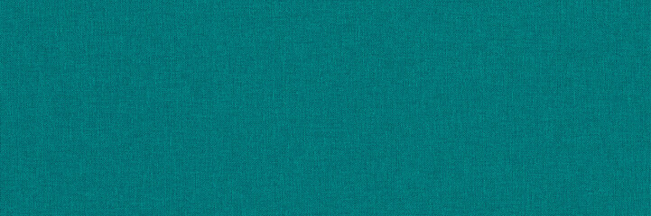 Close-up long and wide texture of natural mint fabric or cloth in cyan color. Fabric texture of natural cotton or linen textile material. Blue canvas background.