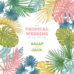 Fototapeta na wymiar Vintage wedding invitation. Trendy tropical leaves design. Botanical vector illustration