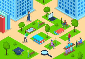 Students in University Campus Building Concept 3d Isometric View. Vector