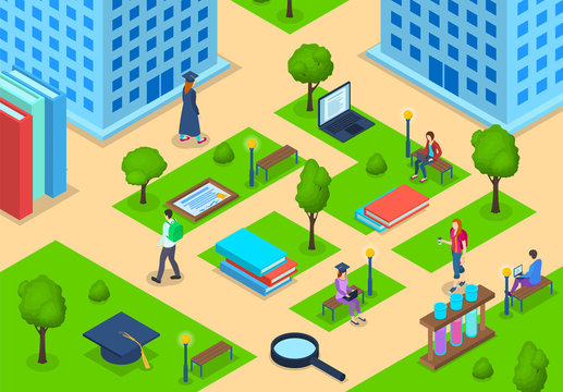Students in University Campus Building Concept 3d Isometric View. Vector