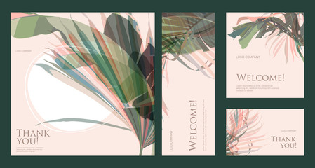 A set of greeting cards with words of gratitude on a green background. Business card template design with tropical leaves for hotel, beauty salon, SPA, restaurant, club. Vector illustration