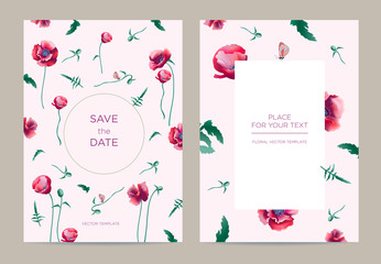 Modern invitation card template in Botanical style. Red poppies on a light pink background. Background for invitation, store, beauty salon, Spa-salon. Vector illustration