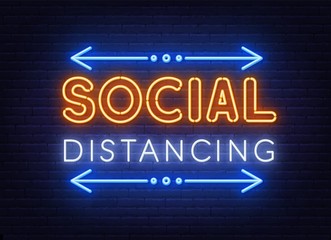 Social distancing neon sign on brick wall background.. Vector illustration