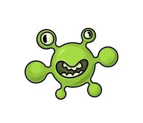 Green germ, virus, bacterium funny monster, cartoon character. Flat vector illustration, isolated on white background.