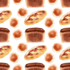 Obraz na płótnie Canvas Watercolor seamless pattern with images of bakery products