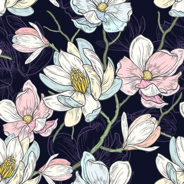 Seamless floral pattern with magnolias on a blue background. Vector illustration.