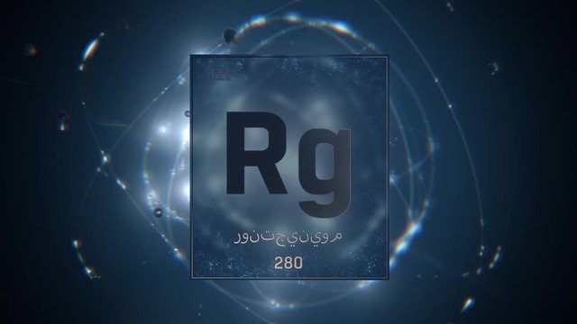 Roentgenium as Element 111 of the Periodic Table. Seamlessly looping 3D animation on blue illuminated atom design background orbiting electrons name, atomic weight element number in Arabic language
