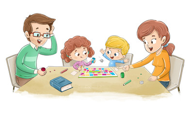 Family playing a board game at home all together. They have fun and have a good time