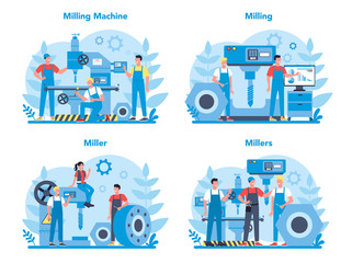 Miller and milling concept illustration set. Engineer drilling meta © inspiring.team