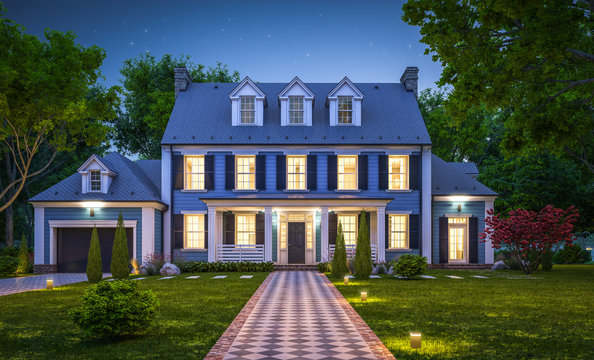 3d rendering of modern cozy classic house in colonial style with garage and pool for sale or rent with beautiful landscaping on background. Clear summer night with many stars on the sky.