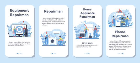 Repairman mobile application banner set. Professional worker