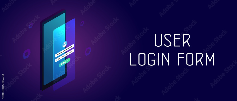 Poster user login form on mobile phone screen. isometric smartphone with blue screen and authentication or 