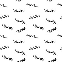 Seamless pattern with cat sound lettering. Meow and whiskers. Black objects iolated on white background. Vector illustration.