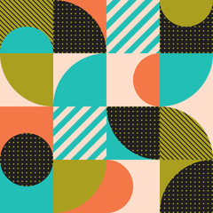 Colorful geometric seamless pattern in Scandinavian style. Abstract vector background with simple shapes and textures.