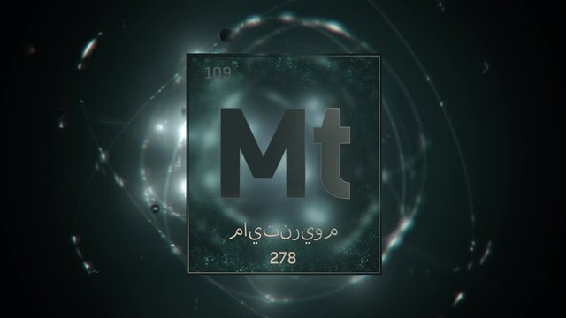 Meitnerium as Element 109 of the Periodic Table. Seamlessly looping 3D animation on green illuminated atom design background orbiting electrons name, atomic weight element number in Arabic language