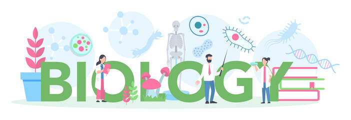 Biology school subject typographic header concept. Scientist exploring