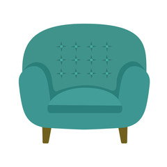 Vector illustration of modern soft upholstered armchair from turquoise velvet fabric with button-tufted backrest padded seat on wooden legs. Home interior furniture in retro vintage style