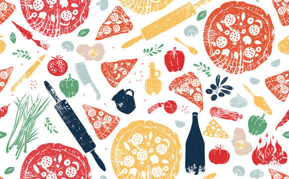 Pizza Pattern. Vector illustration.  Doodle style. Pizzeria background.