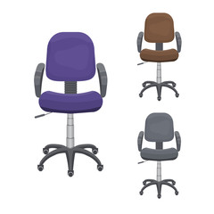 Vector set of office chairs with casters. Blue, grey, brown desk height adjustable armchairs. Pieces of furniture for workplace at company, home. Front view. Flat icon collection isolated on white.