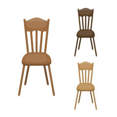 Vector set of wooden dining chairs. Brown, black, red handicraft old-fashioned vintage retro classic style piece of furniture, home interior. Front view. Flat illustration collection isolated on white