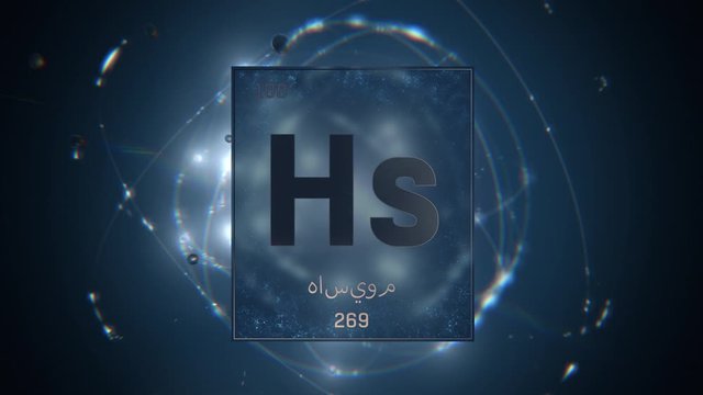 Hassium as Element 108 of the Periodic Table. Seamlessly looping 3D animation on blue illuminated atom design background orbiting electrons name, atomic weight element number in Arabic language