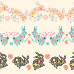 Spring Rabbits Vector Seamless Horizontal Borders Set