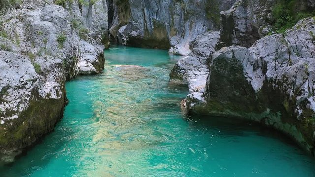 Aerial Vertical View Over The Surface Of A Mountain River Soca