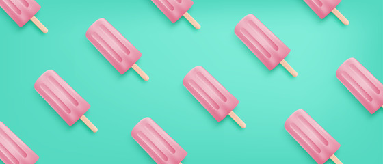 Realistic pink ice cream pattern on green background. Summer season banner or background for shopping promotion advertisement.