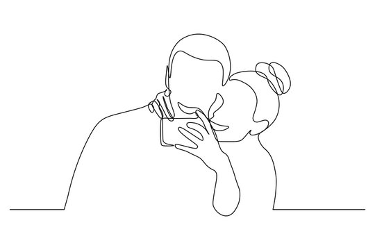 Loving couple taking selfie together using smartphone. Continuous line art drawing style. Minimalist black linear sketch isolated on white background. Vector illustration