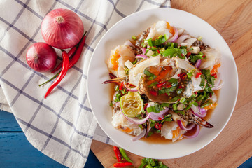 Spicy salad of fresh blue crab with Thai vegetables