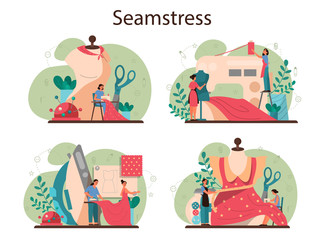 Seamstress or tailor concept set. Professional master sewing clothes.