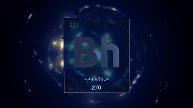 Bohrium as Element 107 of the Periodic Table. Seamlessly looping 3D animation on blue illuminated atom design background orbiting electrons name, atomic weight element number in Arabic language