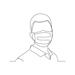 Continuous line drawing of man wearing surgical mask to protect disease, flu, air pollution, pandemic, virus. Vector illustration.