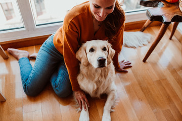 .pretty young woman caring and petting her adorable golden retriver dog. Accompanied at home during the quarantine caused by the covid19. Lifestyle