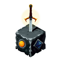 Excalibur sword in a stone. Legendary weapon. Cartoon vector illustration. Video game asset.