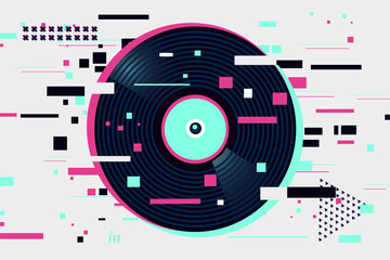 Glitch style vinyl record. Night party background. Electronic music digital festival. Abstract banner with neon colors and geometric shapes.