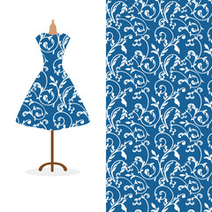 Women's long dress mock up with bright seamless hand drawn pattern for textile, paper print.