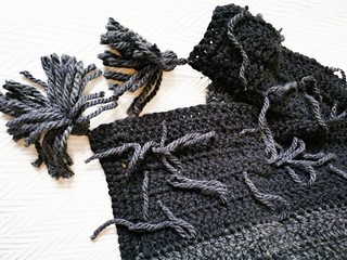 plaid, knitting, grey, black, tassels