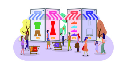 Online shopping landing page. Flat people characters with shopping. Perfect for web design, banner, mobile app, landing page. Vector illustration.