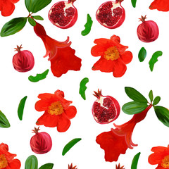 Hand drawn pomegranate fruit on a branch with leaves and flowers. Seamless pattern on white background in gouache for wallpaper, background, fabric, textile, cafe, restaurant, exotic, packaging.
