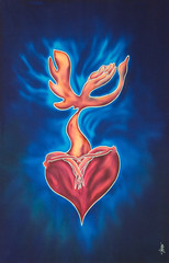  Figures of two hugging people, a man and a woman, on a blue background, symbolizing love and the birth of a child.