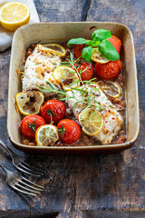 Halibut baked in white wine with borlotti beans and tomatoes
