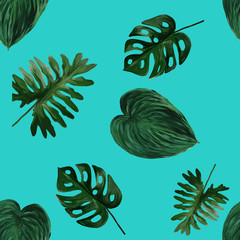 Original seamless tropical pattern with bright plants and leaves on green background. Seamless pattern with colorful leaves of colocasia, filodendron, monstera. Exotic wallpaper. Hawaiian style. © Olena