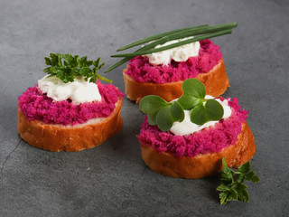 Bright beetroot hummus on a slice of bruschetta with sauce and microgreen on a gray background. selective focus .Holiday snack, vegetarian food, sandwiches.