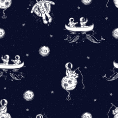 Fototapeta premium Seamless pattern. Space background. Astronauts swim in a canoe.