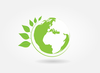 Ecology concept. Green earth , green leaf paper art on white background. Vector.